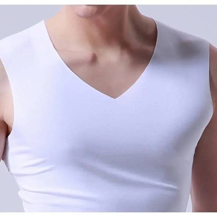 Kaos Dalam Pria Singlet Polos Warna V Neck Ice Silk Spandex T-Shirt Tipis Tali Besar JCKS11 1