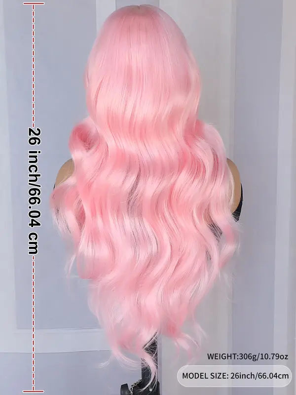 26 Inch Pink Long Body Wavy Synthetic Lace Front Wigs for Women, Natural Looking Gorgeous Fluffy Wigs without Bangs, Heat Resistant Glueless Wigs, Synthetic Lace Wigs for Party, Daily Use 1