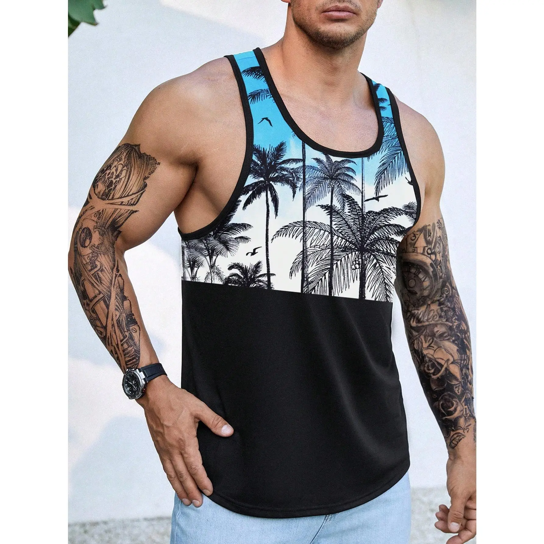 Manfinity VCAY Men Cotton Tropical Print Fashion Color Block Sleeveless Tank Top, For Vacation, Boyfriend Gift Menswear Socks Casual Multicolor