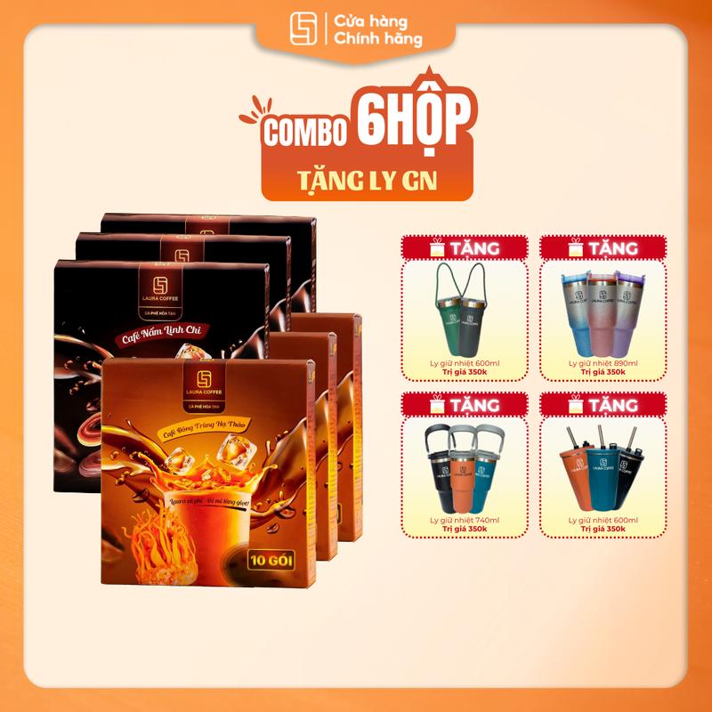 [QUÀ TẶNG ] Combo 6 HỘP Cà Phê Đông Trùng Hạ Thảo + Nấm Linh Chi  Laura Coffee - Nhât Kim Anh