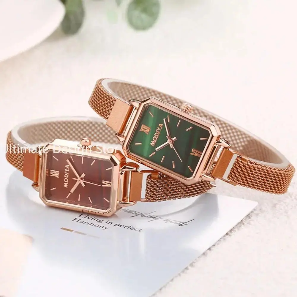 Women Watches Fashion Square Ladies Quartz Watch Magnetic Strap Green Dial Simple Rose Gold Mesh Luxury Women Watches နာ  ရီ original  watch ဂျ  ပန် jam  tangan swiss  watches gshock
