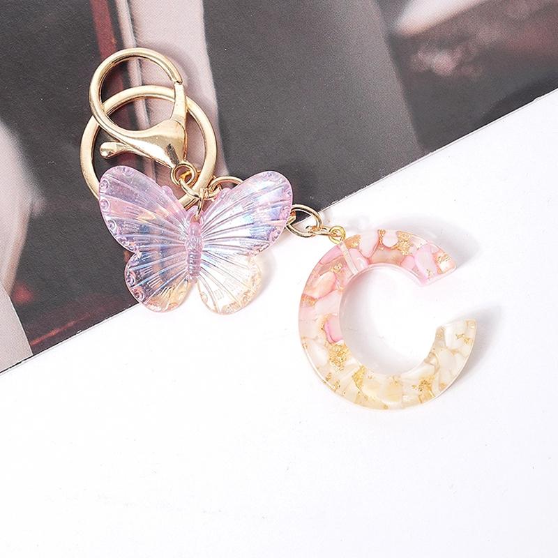 Product Introduction of [QQQ]Pink Dream Butterfly 26 Letters A To Z Resin Keychain 26 Initials White Stone  Leaf Pendant Keyring Backpack Charm Bag Decor 40