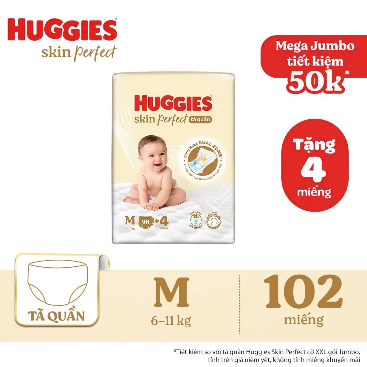 Tã quần Huggies SKinperfect Mega Jumbo M98+4/ L88+4/ XL72+4/ XXL64+4 với 2 vùng thấm hút của hằng du mục
