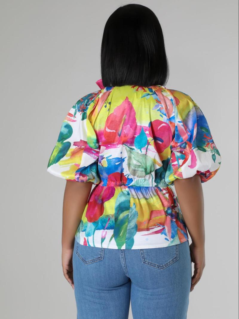 Product Introduction of Women's Floral Print Bow Design Blouse, Casual Top for Summer, Ladies Clothes for Daily Wear 3