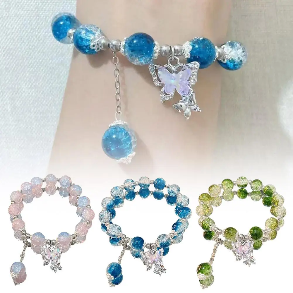 Bộ Vòng Tay Học Sinh, 3 Cái / bộ, Hạt Nghiền Màu Xanh, Dây Bướm, Hoa Bảy Pop, Đính Cườm Hoạt Hình, B1I4