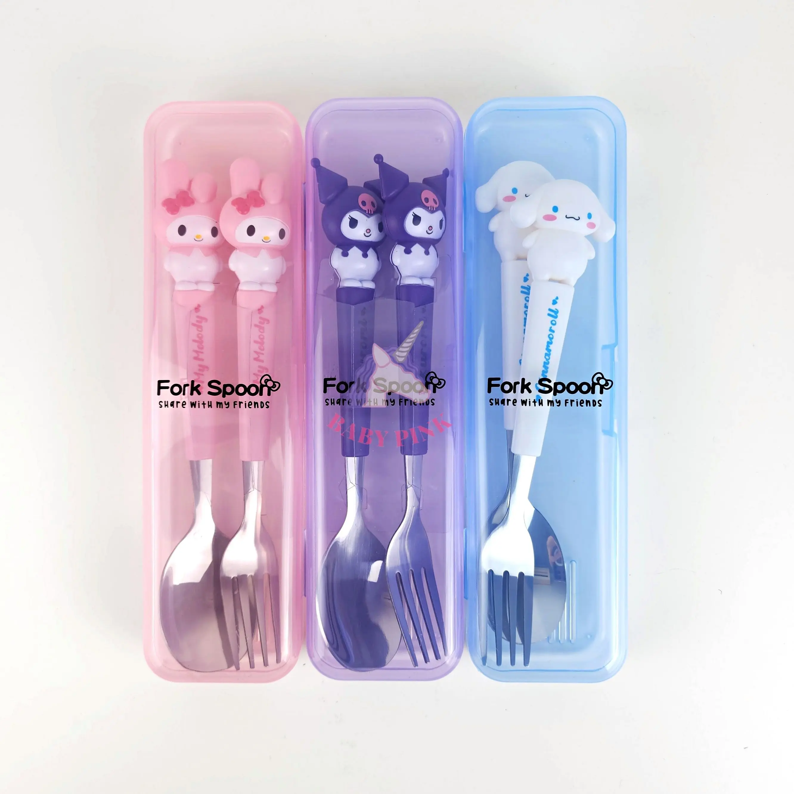 [ส่งฟรี] ชุดช้อนส้อมสแตนเลส พร้อมกล่องพกพา หัวการ์ตูน Sanrio 3D สำหรับเด็ก คุโรมิ มายเมโลดี้ ชินนาม่อนโรล