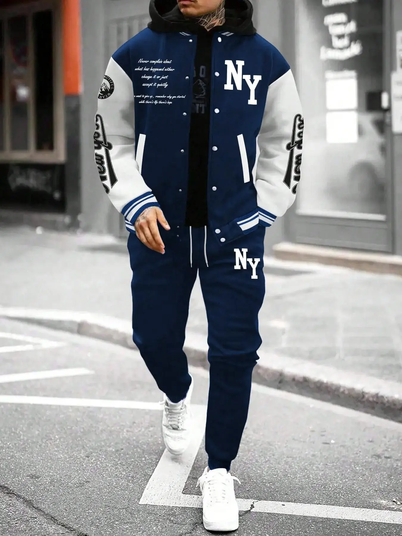 Men's Letter Print Baseball Jacket & Joggers Two-piece Set, Regular Fit Casual Fashion Cozy Breathable Two Piece Outfits for Daily Outdoor Wear, Men Clothes for Fall & Winter, Athletic Tracksuit