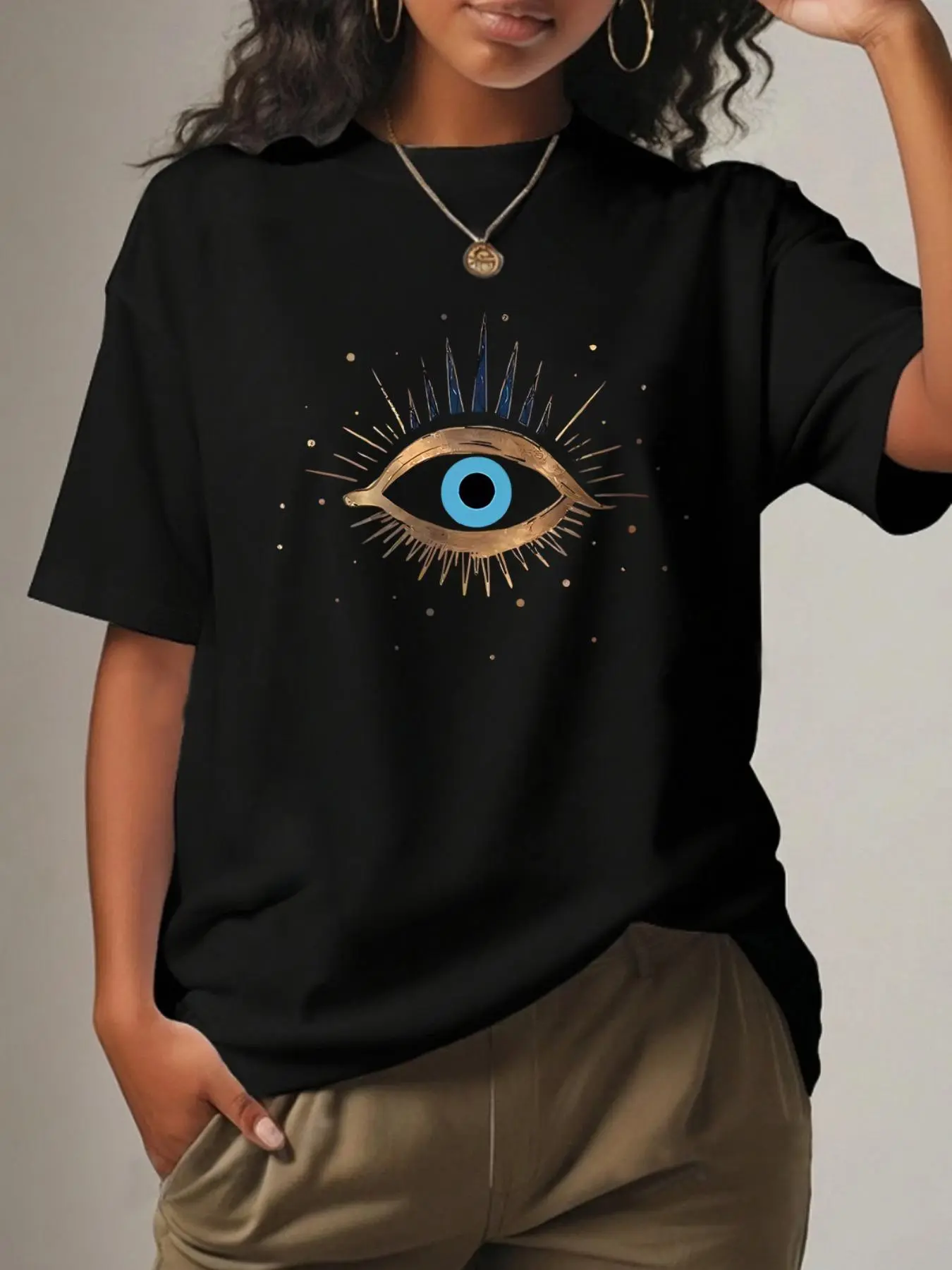 Women's Graphic Round Neck Tee, Summer Clothes Women, Fashion Casual Eye Print Crew Neck Short Sleeve T-Shirt for Daily Holiday Vacation Outdoor Wear