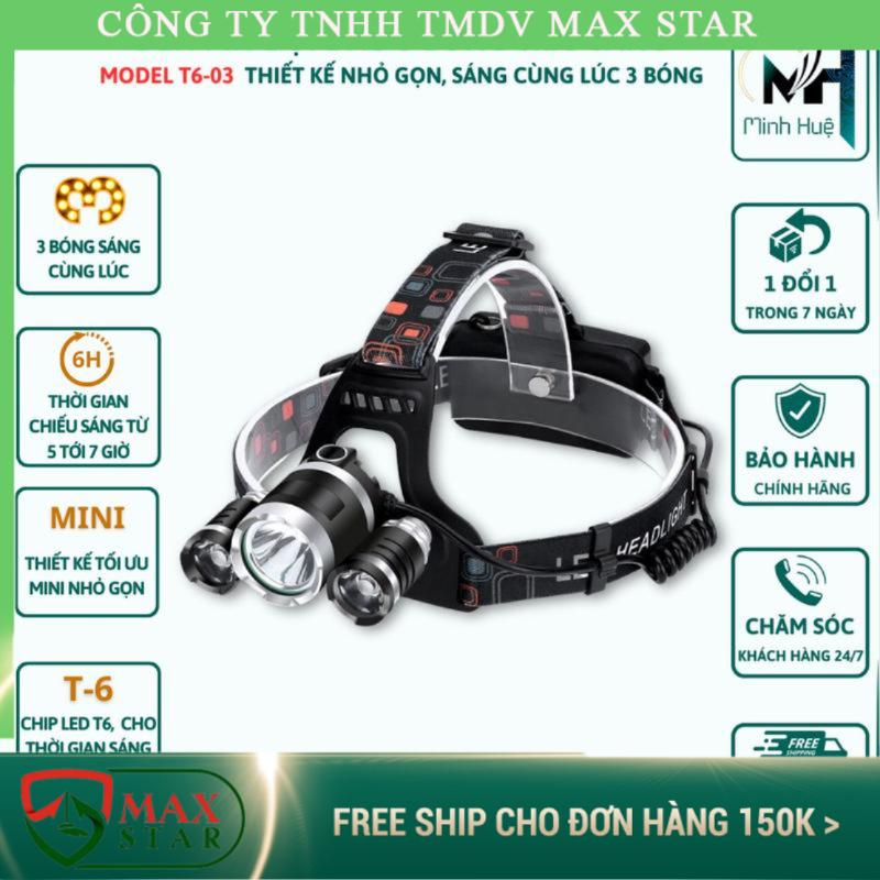  Đèn Pin Đội Đầu siêu sáng 3 Bóng Led T6 chiếu xa trăm mét chống nước va đập tốt Đèn led pha đi đêm cao cấp dendo ida 