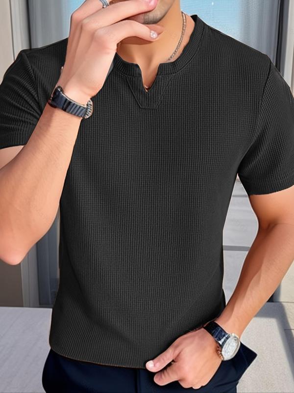 Men's Regular Fit Plain Notched Neck Waffle Knit Tee, Casual Short Sleeve T-shirt for Summer, Clothing, Men's Top for Daily Wear 1