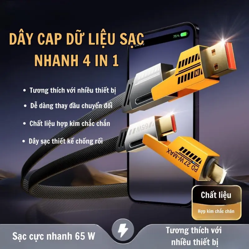 Cáp Sạc Nhanh Đa Năng 4 in 1 - Sạc Siêu Nhanh Tối Đa 65W 0