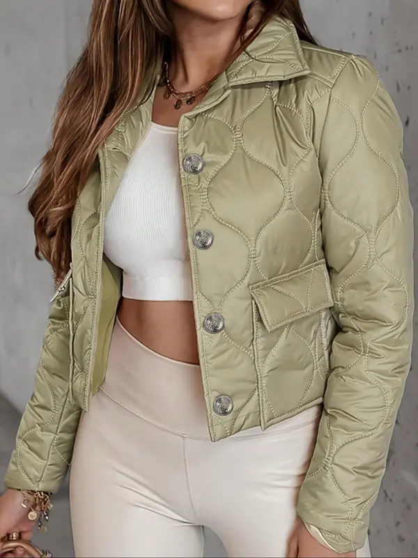 Women's Solid Button Front Pocket  Crop Quilted Jacket, Casual Long Sleeve Collared Outerwear for Fall & Winter, Ladies Clothes for Daily Wear 2