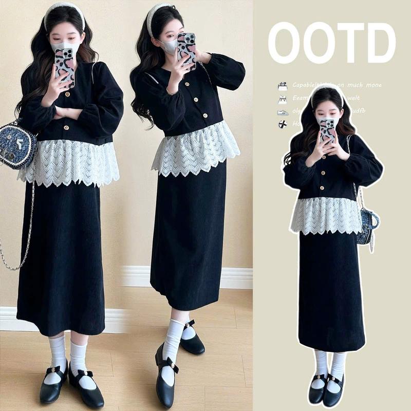 Young Mom | Set váy bầu SET226 gồm áo cổ V và chân váy bầu phong cách Hàn Quốc trẻ trung, chất vải dày dặn ấm áp mùa Đông Thai sản Thai kỳ Thoải mái Thoáng khí Voi Đầm Bầu Sandal Kem