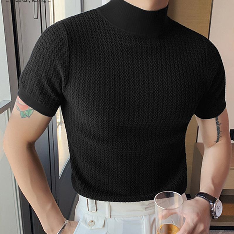 New Casual Simple Knitting Comfortable Bottoming Shirt European and American Men's Fashion High Collar Slim-Fit Water Ripple Solid Color T-shirt 1