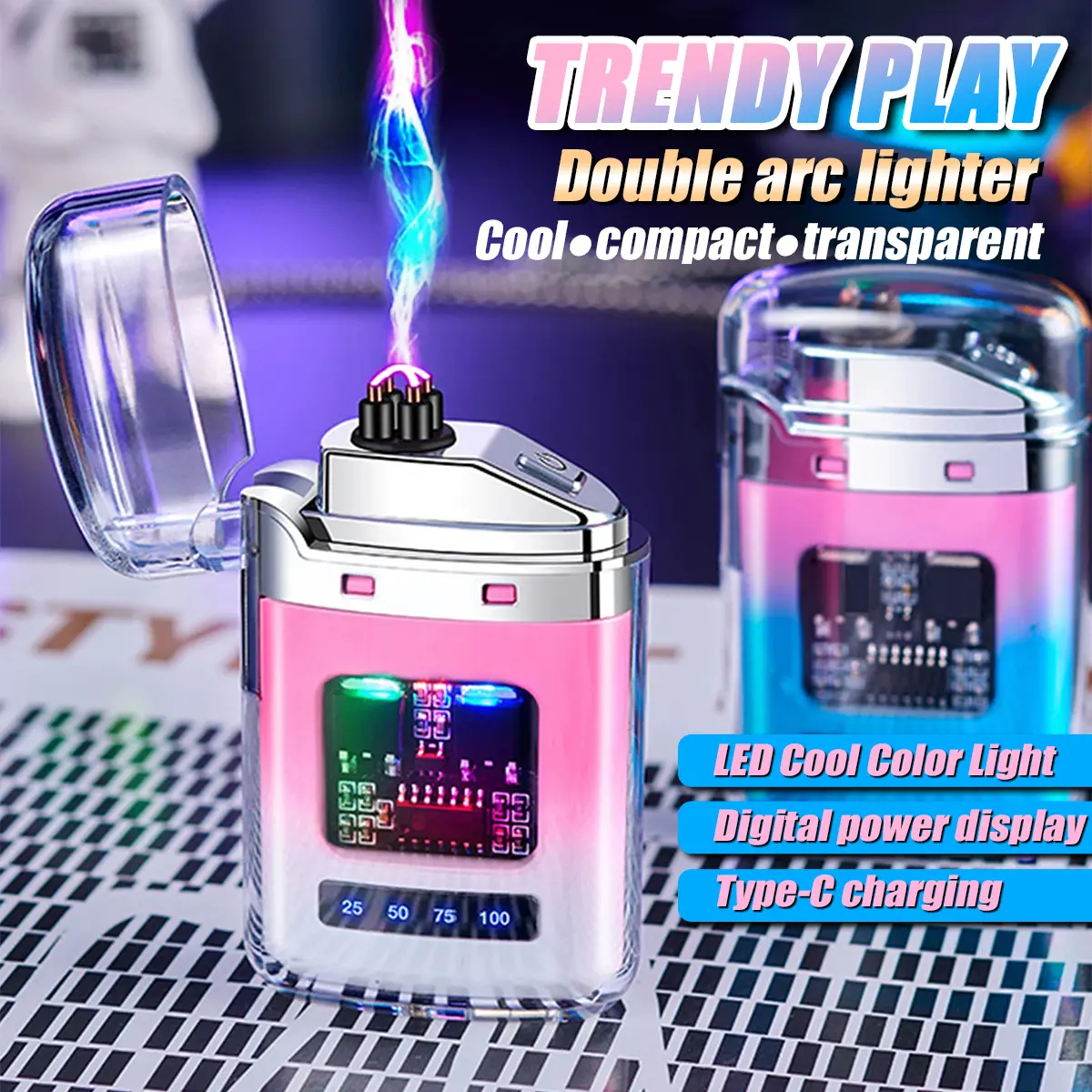 USB Rechargeable Plasma Dual ARC Windproof Lighter Transparent shell, cool lights Accessory black  lighter accessories