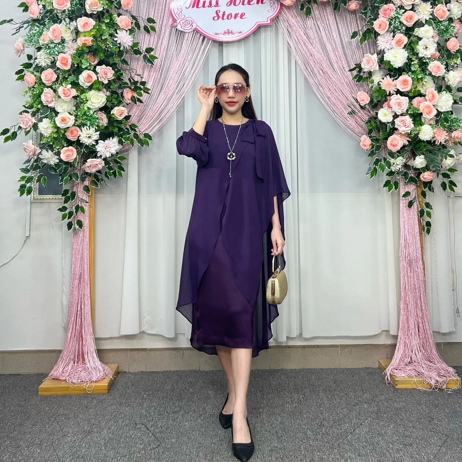 Đầm Lụa 300089 Miss Hiền phối Vải Chiffon Cao Cấp Sang Trọng, quí phái dành cho các chị đi dạ tiệc, hội nghị... Nữ vaytet
