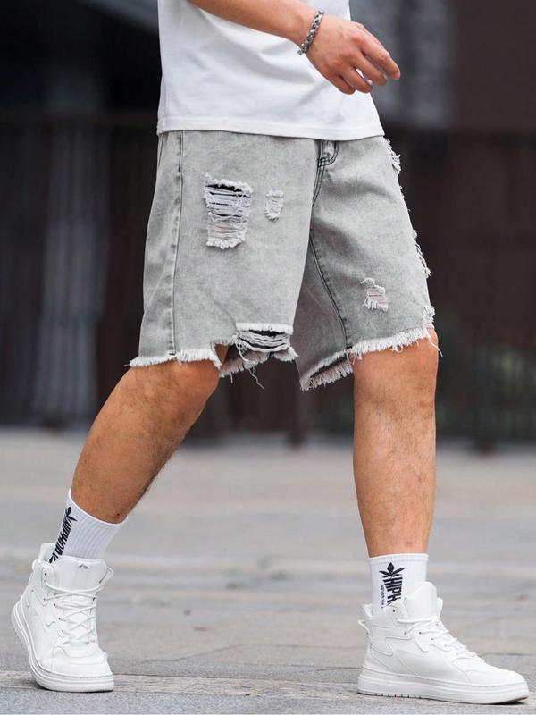 Men's Solid Color Ripped Denim Shorts, Fashion Loose Fit Short Jeans for Summer, Men's Bottoms for Daily Wear, Cotton, Womenswear 4