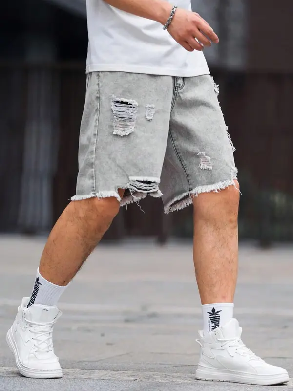 Men's Solid Color Ripped Denim Shorts, Fashion Loose Fit Short Jeans for Summer, Men's Bottoms for Daily Wear, Cotton, Womenswear 4