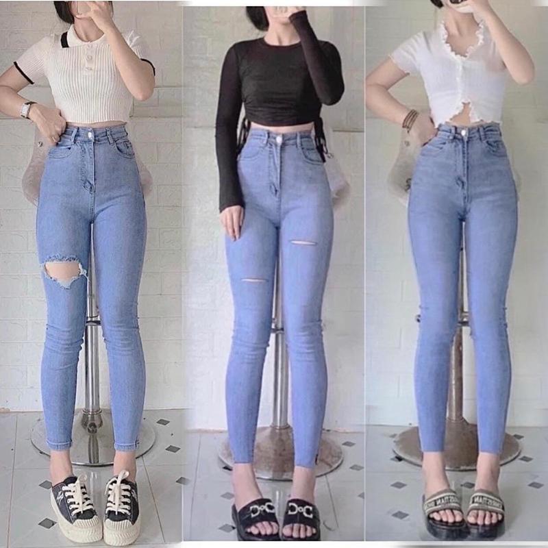 Quần Jeans Ôm Nhạt Cạp Siêu Cao Co Giãn 4 Chiều Dáng Cá Tính Phong Cách Thời Trang Vải Dầy Mềm Mịn