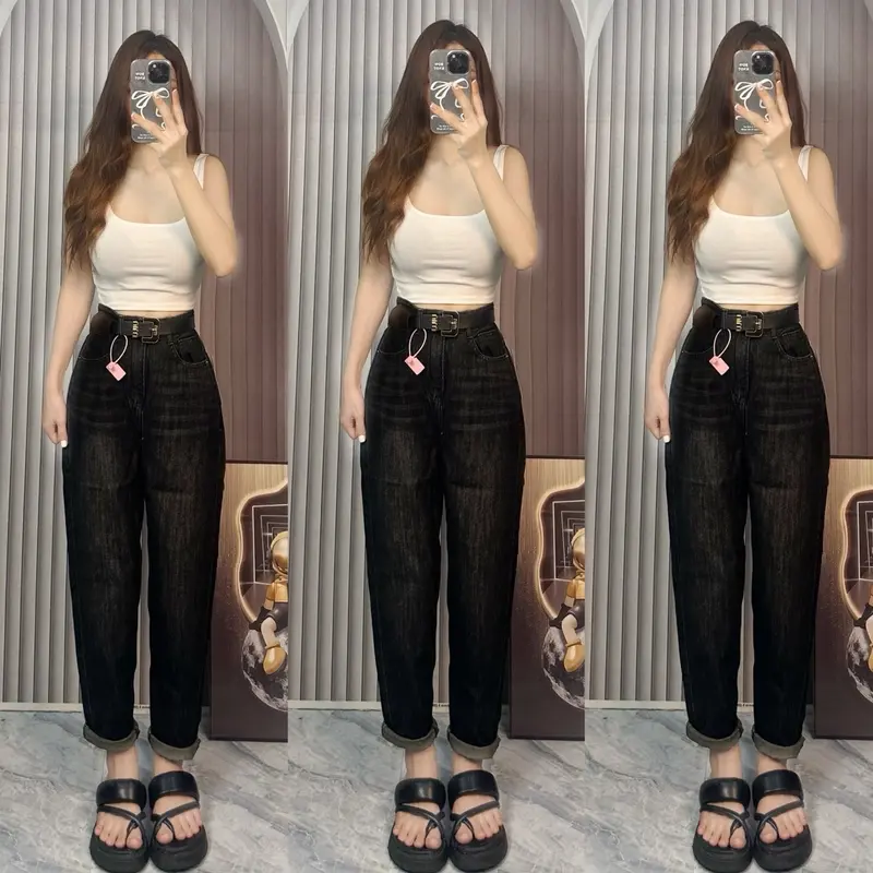 [Có bigsize] [030- 042] Quần Baggy Jeans Nữ QC Túi Kiểu Không Co Dãn Màu Đen Tiêu Pants Women 2