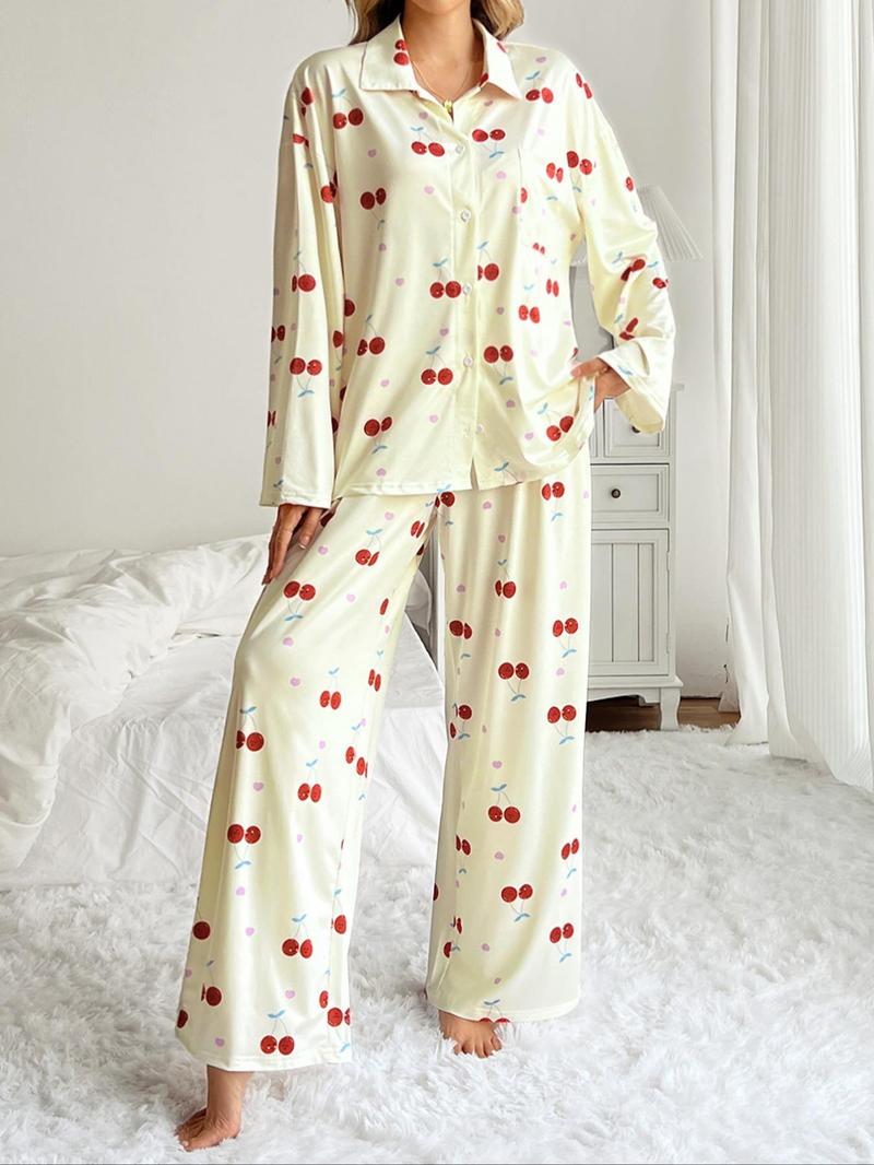 Product Introduction of Dancing Again Women's All Over Print Pocket Shirt & Elastic Waist Pants Pyjama, Casual Comfy Button Front Drop Shoulder Collared Top & Trousers PJ Set, Women's Sleepwear for Spring & Fall 9