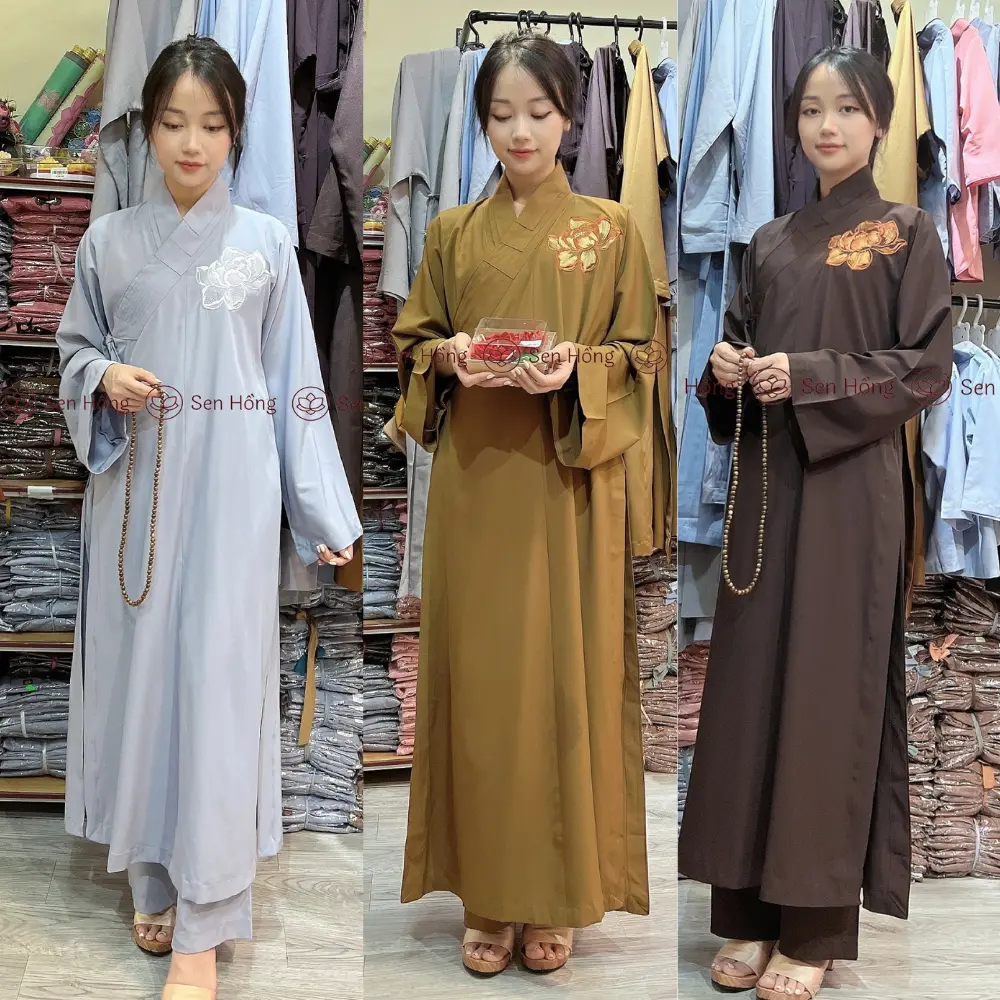 BỘ QUẦN ÁO TRÀNG PHẬT TỬ THÊU HOA - set đồ lam đi lễ, hành thiền # áo tràng kèm quần vải kate lụa mềm có co giãn BT01