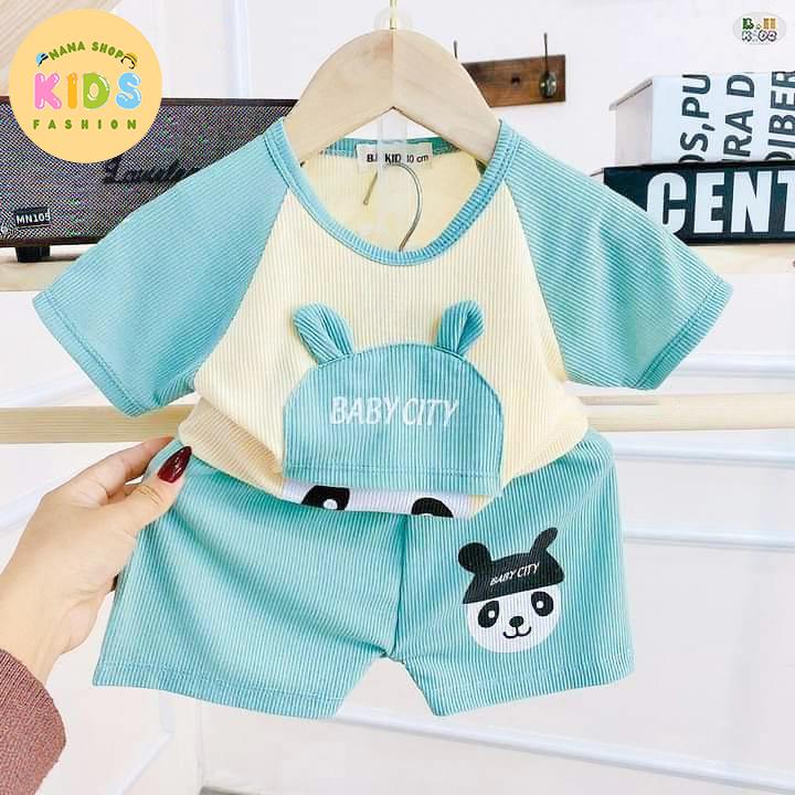 [5 bộ cộc tay] Bộ đồ cho bé trai bé gái chất thun tăm in hình gấu trúc mũ to cho bé từ 5-16kg - B21 4