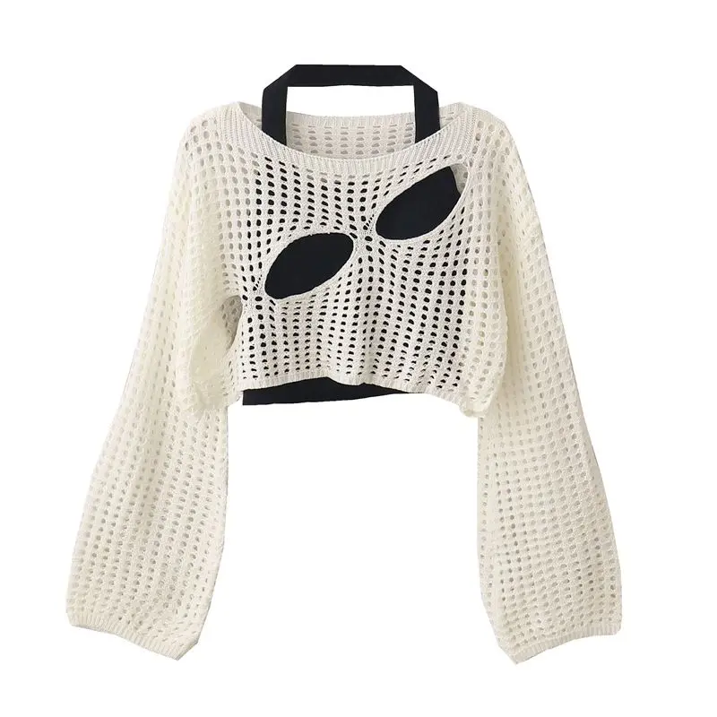 Short Cutout Blouse Summer New Sweet and Spicy Style Halter Small Sling Loose Thin Two-Piece of Knitted Sweater Top