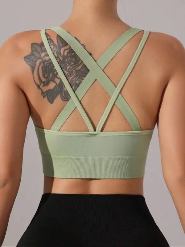 Women's Solid Racerback Sports Bra, Breathable Comfortable Wireless Sports Bra, Ladies Sportswear for Indoor Outdoor Wear 2