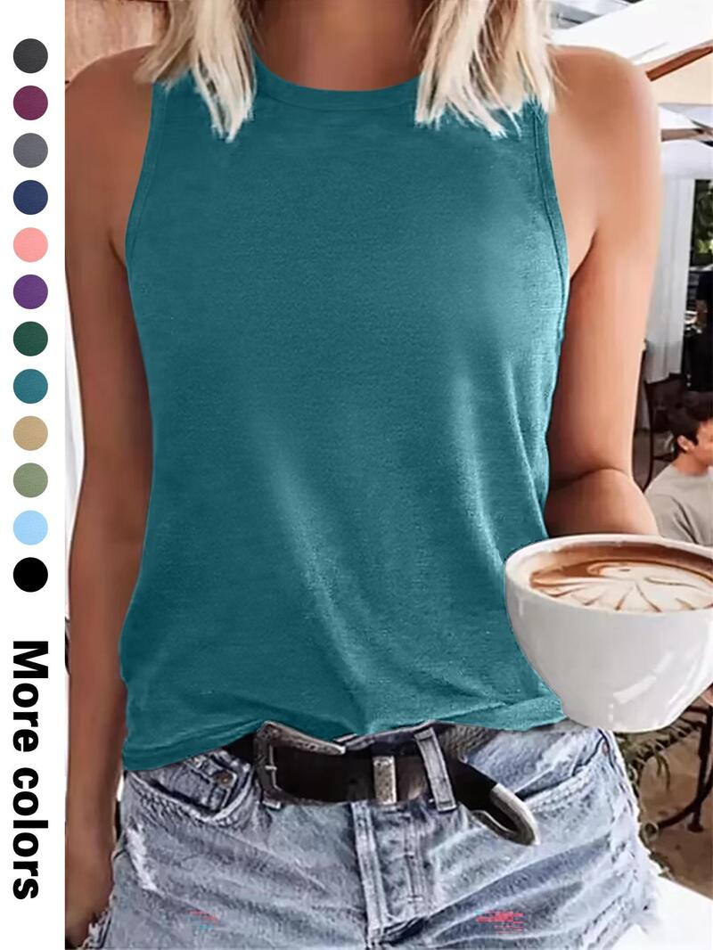 Product Introduction of Women's Plain Round Neck Tank Top, Casual Sleeveless Top for Summer, Ladies Clothes for Daily Wear, Clothing 9