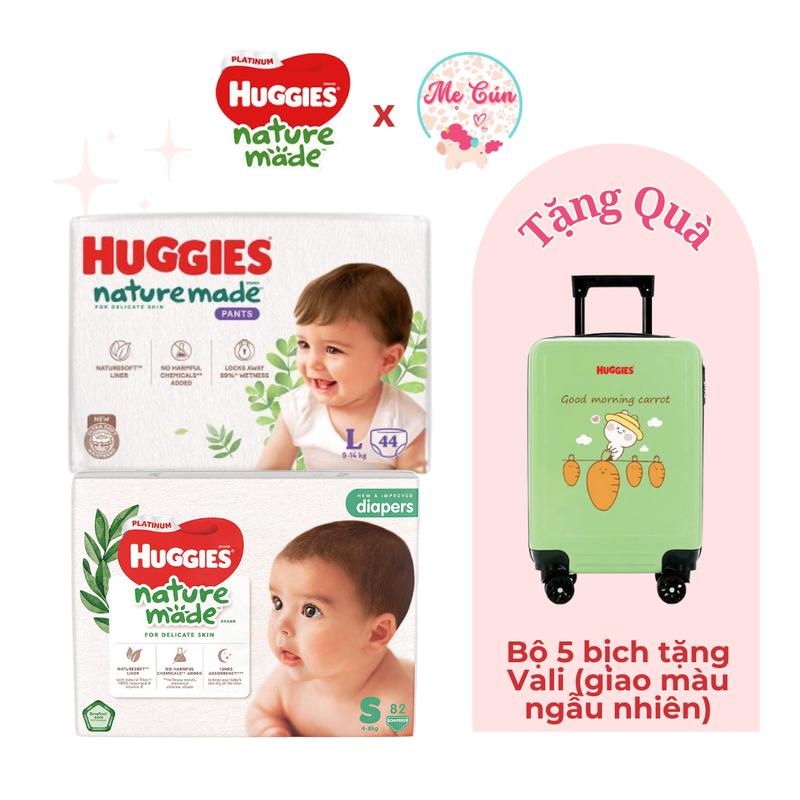 (Tặng Vali) Bộ 5 bịch tã Huggies Nature Made bông hữu cơ tã dán NB60, S82, M64, L54, XL44 tã quần M58, L44, XL38, XXL26 Cho Bé