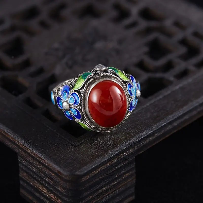 Imitation Southern Style Braised Blue Patterned Cloisonn É Ring for Ladies, Retro Court Style Antique Ring, Adjustable