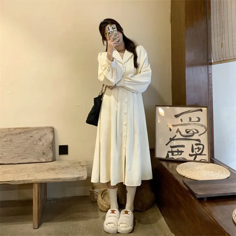 Dress Korduroi Wanita Musim Gugur Gaya Korea Baru Desain Kerah Rok Panjang Manis Biru Merah Midi Putih Casual Gaun Retro Sifon Pendek Mini 8