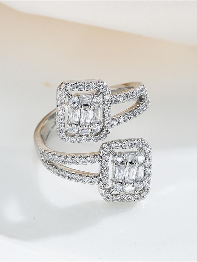 Product Introduction of Luxury Rhinestone Decorated Square Design Cuff Ring, Fashion Jewelry Accessories for Women, Engagement Wedding Anniversary Party Holiday Jewelry Gifts 8