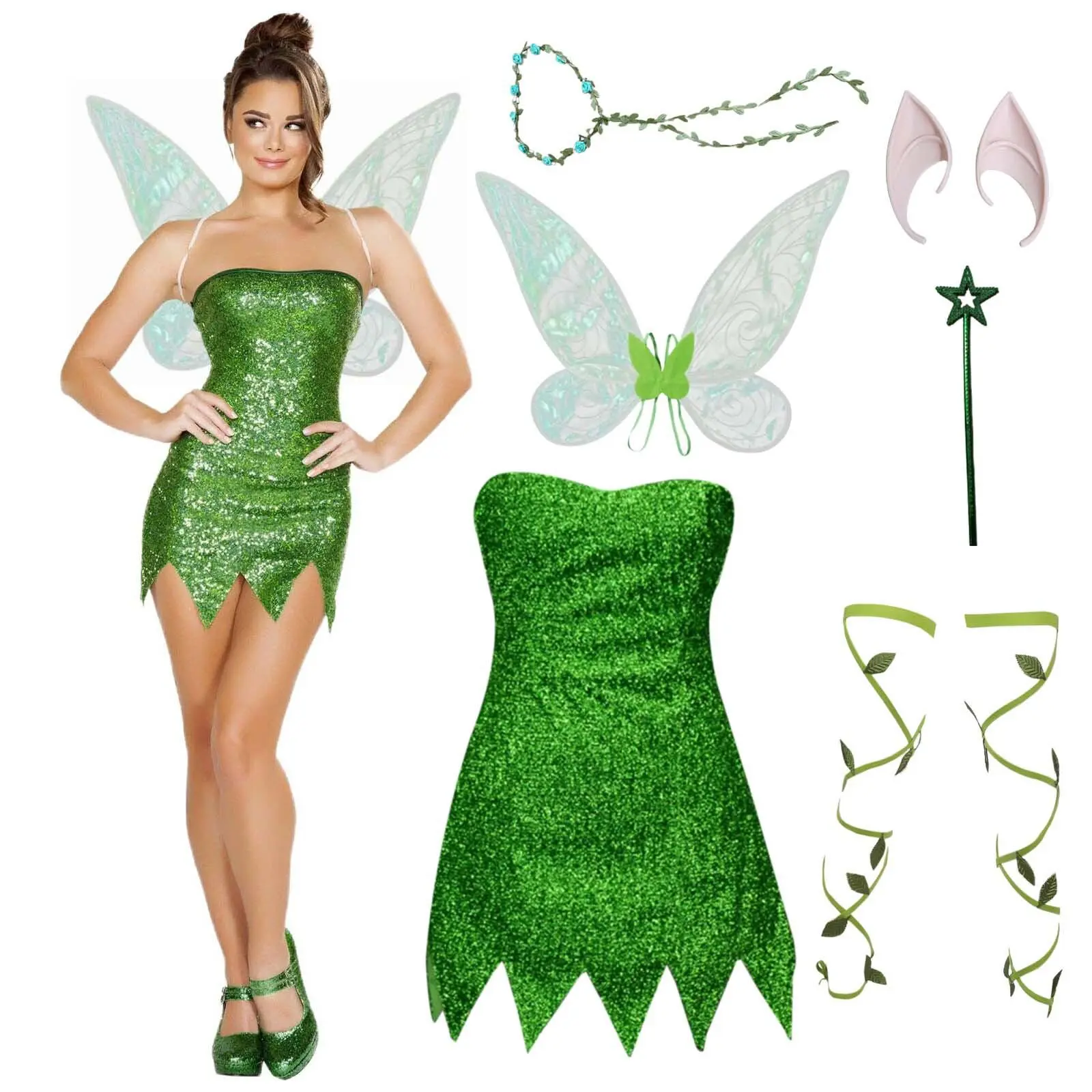 Green Fairy Dress Wings Set Halloween Adult Cosplay Role-playing Wonderful  Tinkerbell Magic Fairy Costume Women's Fashion - TikTok Shop Philippines