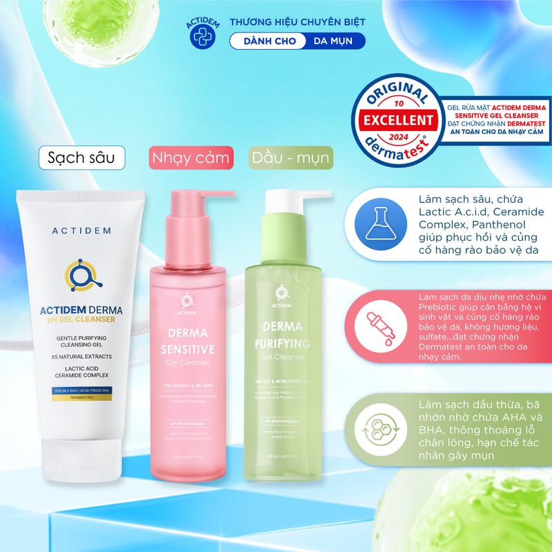 [Tặng Nước tẩy trang 50ml] Gel rửa mặt ngừa mụn cho da dầu, nhạy cảm, da hỗn hợp Actidem Derma pH/Sensitive/Purifying Gel Cleanser 30/150/180ml