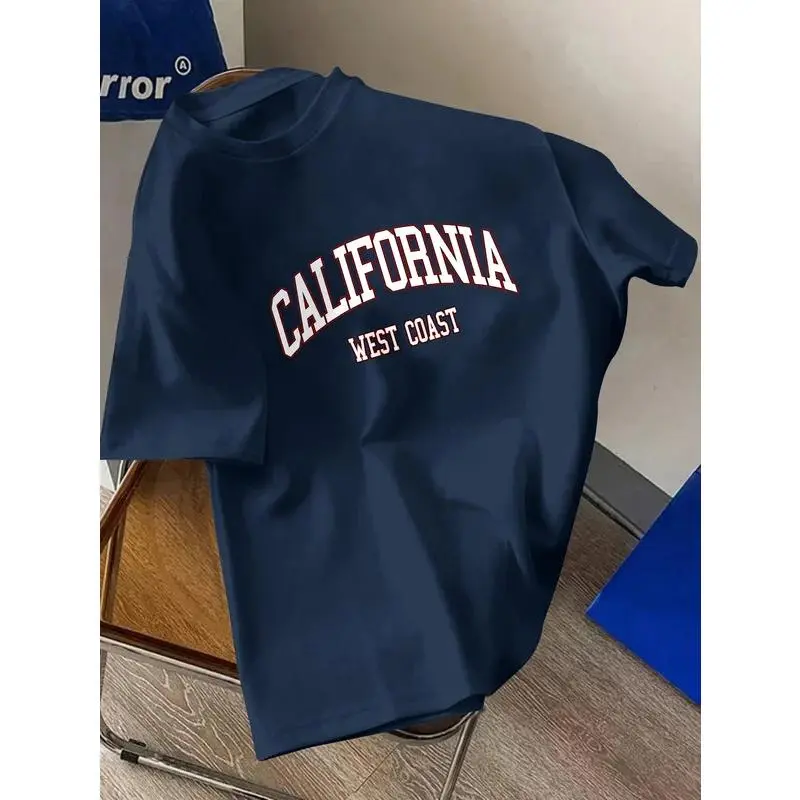 Men's Summer 100% Cotton Fashion California Letter Printed Loose Large Casual Comfortable Round Neck Short Sleeve T-shirt Top