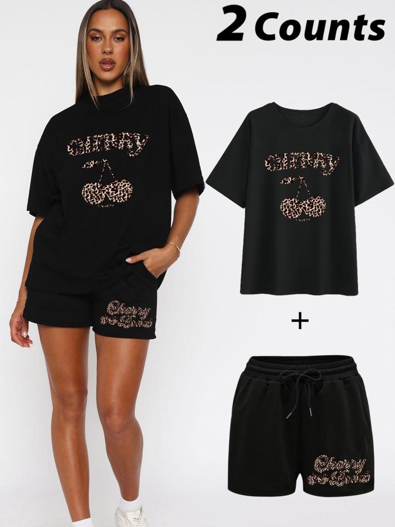 Product Introduction of Women's Cherry Print Short Sleeve T-shirt & Drawstring Waist Shorts Two-piece Set, Casual Fashion Cozy Tee & Shorts for Daily Outdoor Wear, Ladies Summer Clothes, Womenswear 4