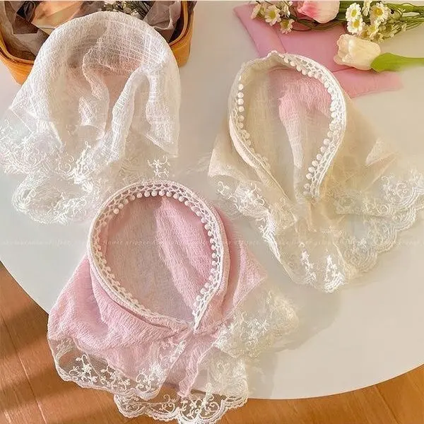 Băng đô và khăn quàng cổ ren, màu trắng, trong một bộKhăn quàng cổ tam giác, phong cách PhápBờm Tóc, Dùng Để Quấn ĐầuMũ khăn quàng cổ vuôngPhong cách mục vụĐồng Bộ với Zhou Ye 'sPhụ kiện tóc cho phụ nữ Voan Voi Women