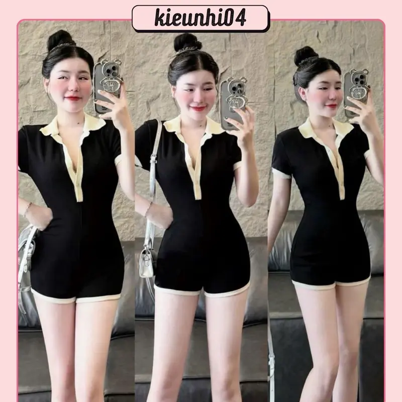 JUMSUIT ĐÙI POLO ĐEN VIỀN TRẮNG TAY NGẮN - Dáng Chuẩn Voi ÁO Jean Voan Lịch 0