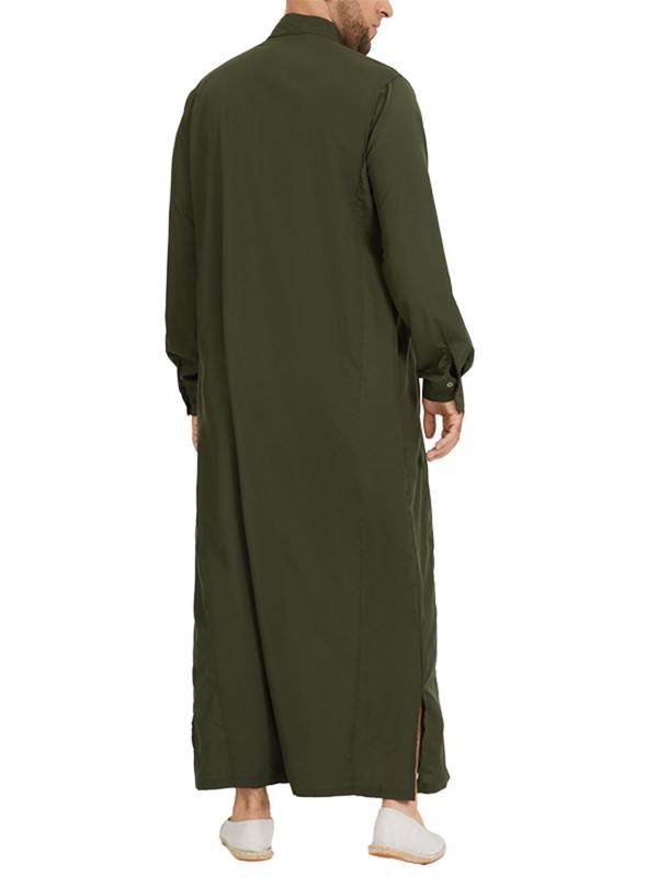 Men's Loose Solid Button Front Split Hem Kaftan, Modest  Mock Neck Pocket Arab Thobe, Casual Men's Islamic Clothing for Daily Wear 4