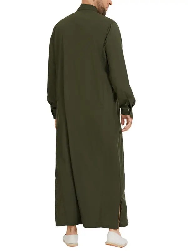 Men's Loose Solid Button Front Split Hem Kaftan, Modest  Mock Neck Pocket Arab Thobe, Casual Men's Islamic Clothing for Daily Wear 4