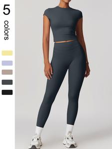 Women's Solid Round Neck Short Top & High Waist Glam Supersport Leggings Sports Set, Sporty Casual Breathable Comfortable Outfits for Yoga Gym Workout Running, Ladies Sportswear for All Seasons, Tracksuit