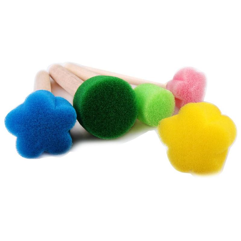 5pcs/set Random Color Kids Sponge Stamp Brush Kit, Paint Learning Sponge Brush, Print Pattern Brushes with Wooden Handle, Art Supplies, DIY Kit, Craft Supplies 5