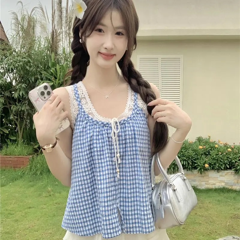 Áo Yếm Kẻ Sọc, Nhỏ Và Dễ Phối Đồ, Phong Cách Duyên Dáng, Khâu Ren, Không Tay, Áo Dáng Rộng, Hàng Mới Về Mùa Hè Cho Nữ 0
