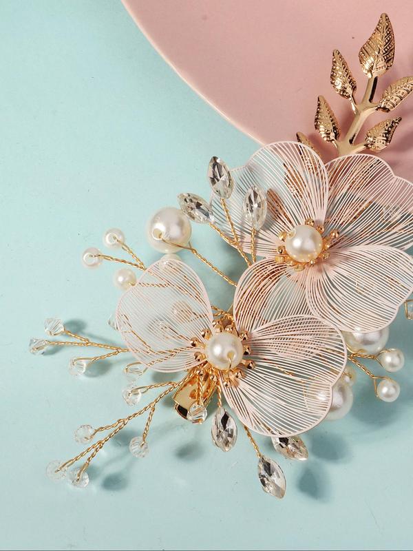 Handmade Flower Design Headwear,  Elegant Faux Pearl & Rhinestones Decorated Bridal Headwear for Wedding Party, Daily Clothing Decor, Trendy All-match & Exquisite Hair Accessories for Women & Girls 6