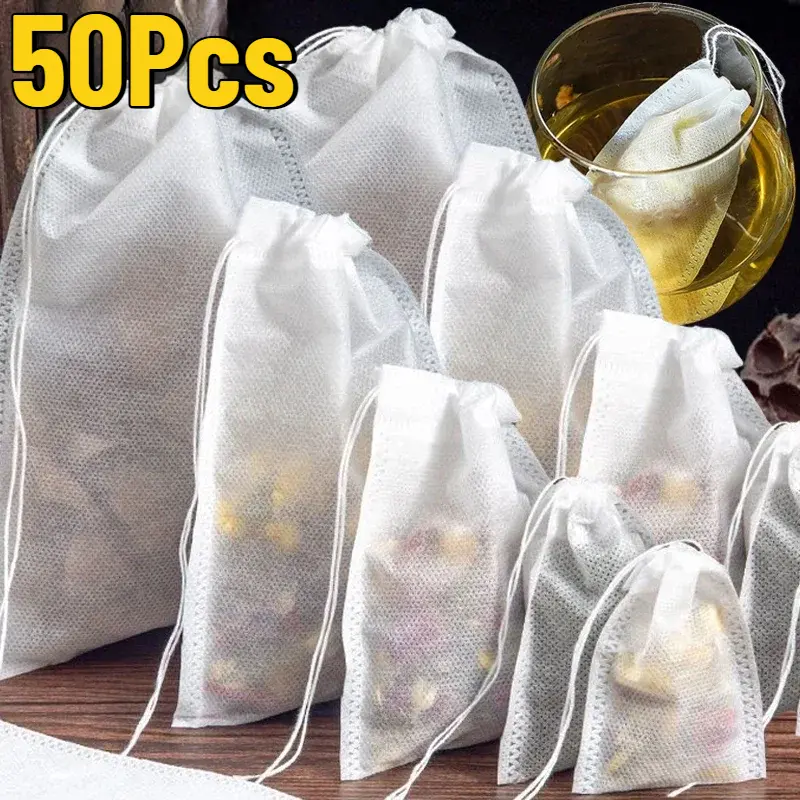 50Pcs Disposable Tea Bags Non-woven Fabric Drawstring Tea Infuser Spice Loose Tea Coffee Seal Filter Mesh Bag Kitchen Supply