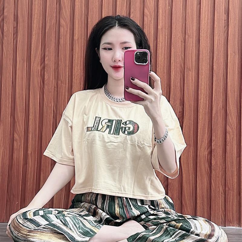 Bộ Thêu Chử Girl áo cotton Tay ngắn dáng lững quần baggy