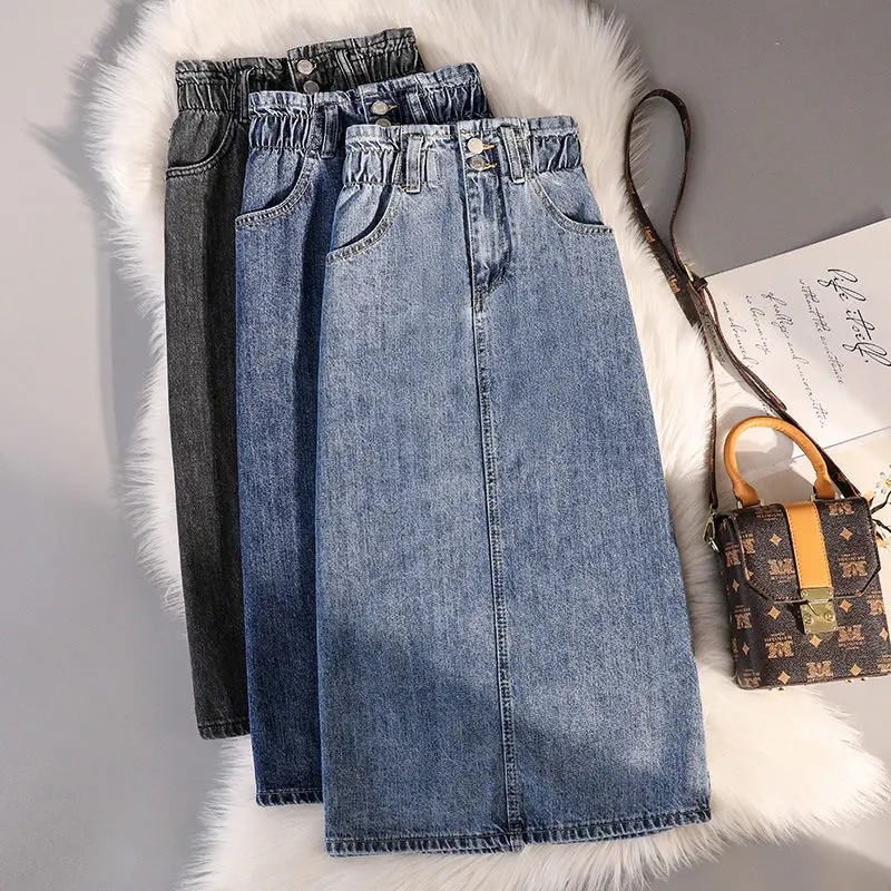 Summer Korean Style Women Casual Straight Mid-calf Skirt Elastic Waist Cotton Denim Patchwork Skirt
