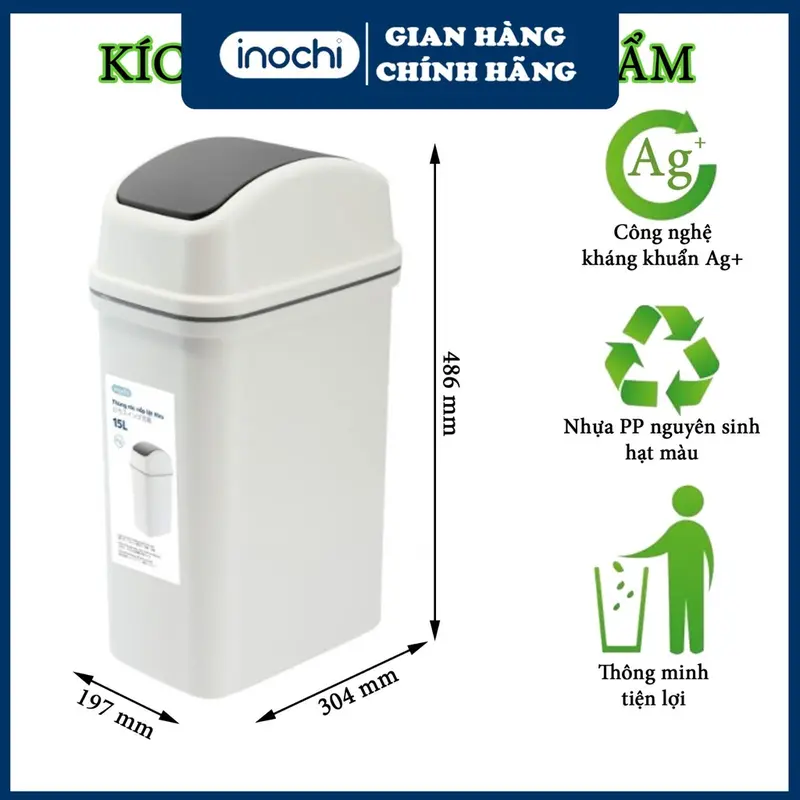 [CHÍNH HÃNG] Thùng Rác Thông Minh Nắp Lật - Inochi - Làm thùng rác Khách Sạn, Văn Phòng Đồng 0